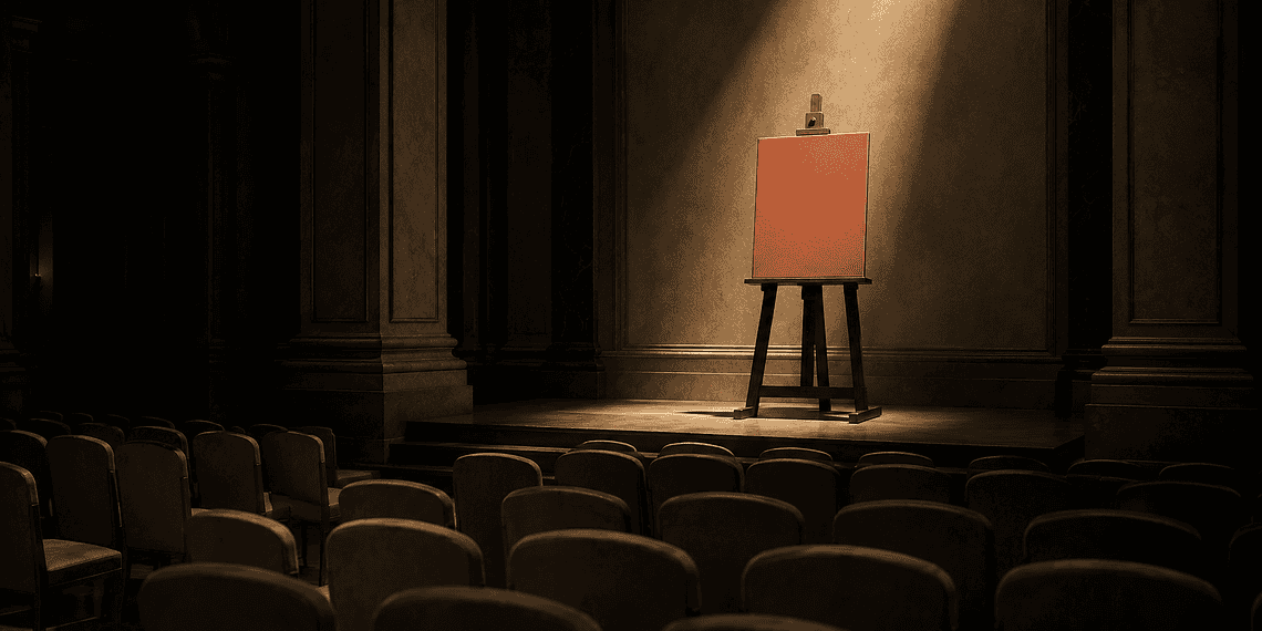 - VeyrZest.com A blank orange canvas on an easel stands in a spotlight on an empty theater stage.