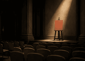 A blank orange canvas on an easel stands in a spotlight on an empty theater stage.