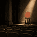 A blank orange canvas on an easel stands in a spotlight on an empty theater stage.