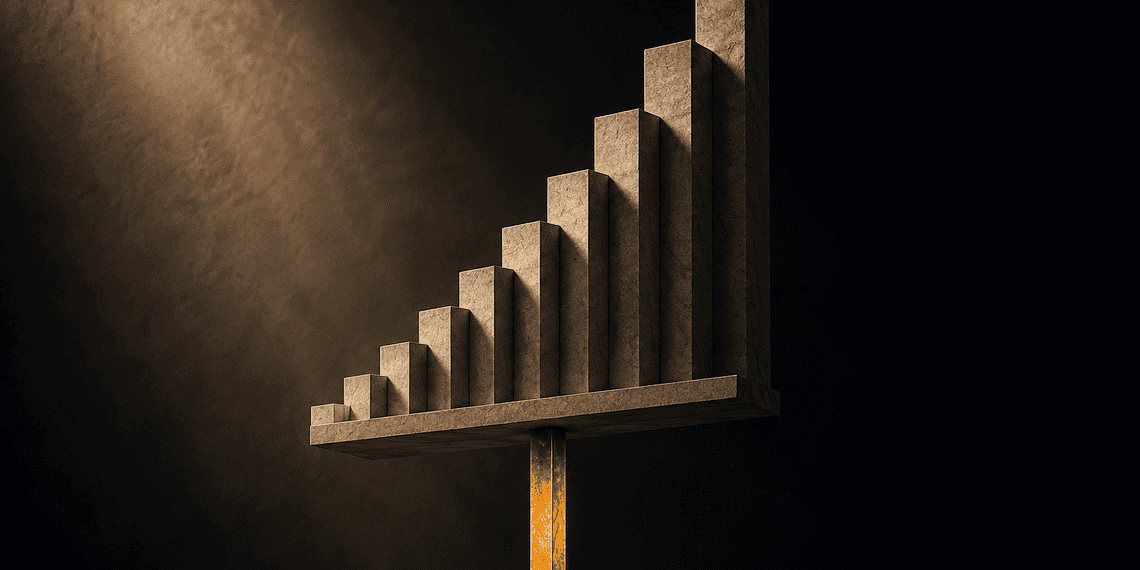 - VeyrZest.com Abstract bar chart sculpture: ascending stone blocks on a platform supported by a glowing orange pillar.