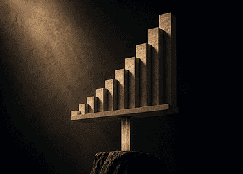 - VeyrZest.com Abstract bar chart sculpture: ascending stone blocks on a platform supported by a glowing orange pillar.