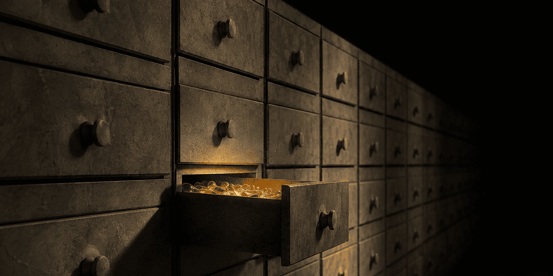 - VeyrZest.com Row of old metal drawers in a vault with one drawer pulled out, revealing glowing gold coins inside.