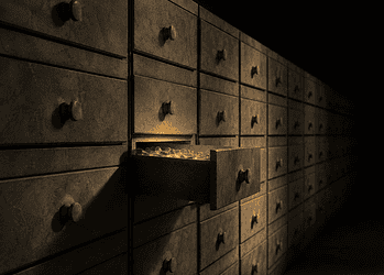 - VeyrZest.com Row of old metal drawers in a vault with one drawer pulled out, revealing glowing gold coins inside.