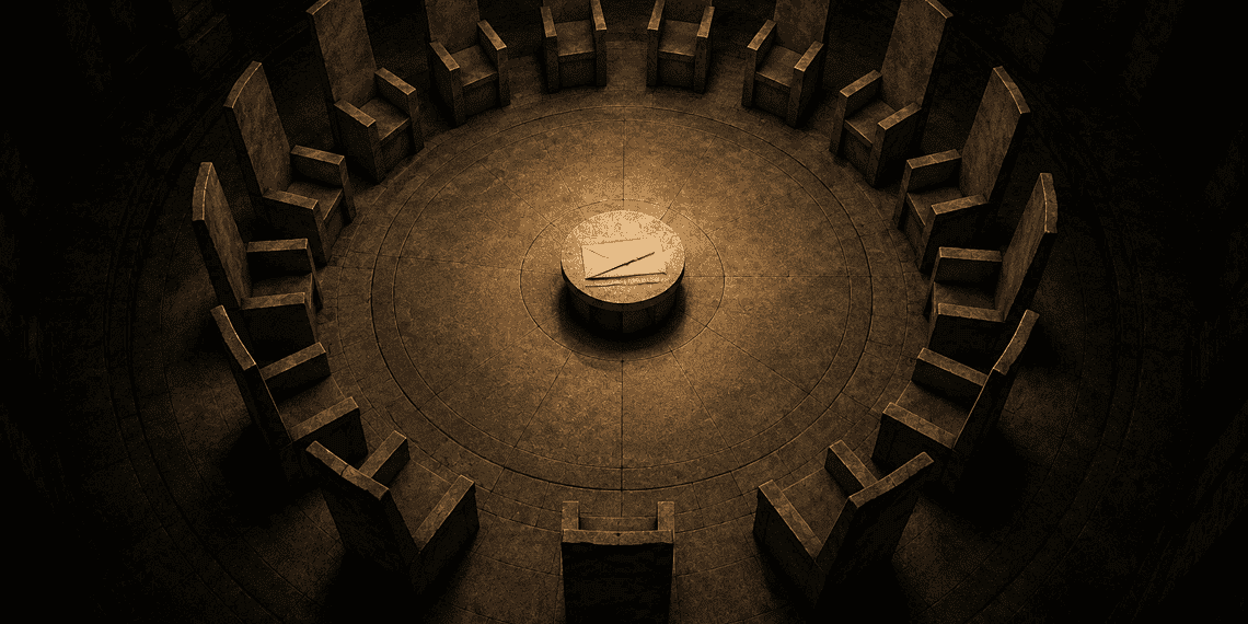 Circular stone chamber with a ring of tall, angular chairs around a central pedestal bearing an envelope on top, in sepia lighting, dramatic shadows.