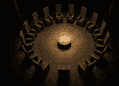 Circular stone chamber with a ring of tall, angular chairs around a central pedestal bearing an envelope on top, in sepia lighting, dramatic shadows.