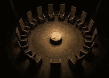 - VeyrZest.com Circular stone chamber with a ring of tall, angular chairs around a central pedestal bearing an envelope on top, in sepia lighting, dramatic shadows.