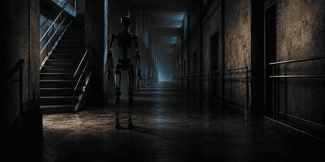 - VeyrZest.com Tall black humanoid robot stands in a dim, industrial hallway with rails and a stairwell to the left.