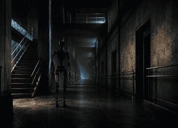 - VeyrZest.com Tall black humanoid robot stands in a dim, industrial hallway with rails and a stairwell to the left.