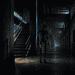 Tall black humanoid robot stands in a dim, industrial hallway with rails and a stairwell to the left.