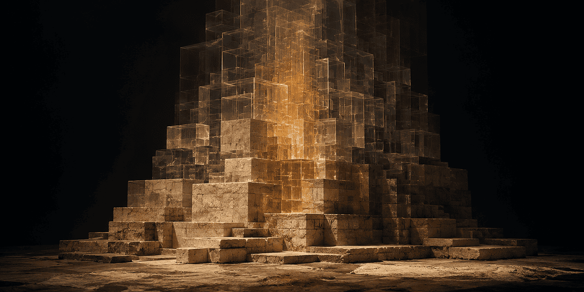 - VeyrZest.com Pyramid-like sculpture made of stacked stone blocks with an inner orange glow, surrounded by a dark background in a gallery setting.