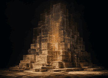 - VeyrZest.com Pyramid-like sculpture made of stacked stone blocks with an inner orange glow, surrounded by a dark background in a gallery setting.