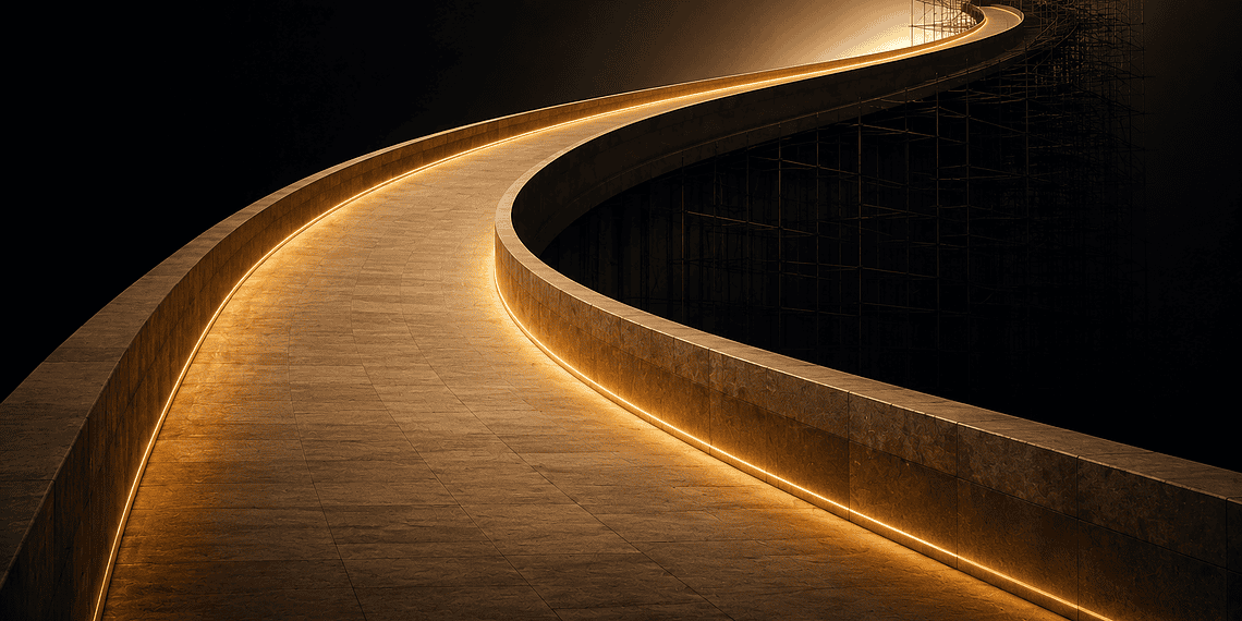 - VeyrZest.com Curved, illuminated walkway extending into the dark distance, with scaffolding at the far end under construction.