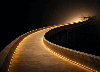 Curved, illuminated walkway extending into the dark distance, with scaffolding at the far end under construction.