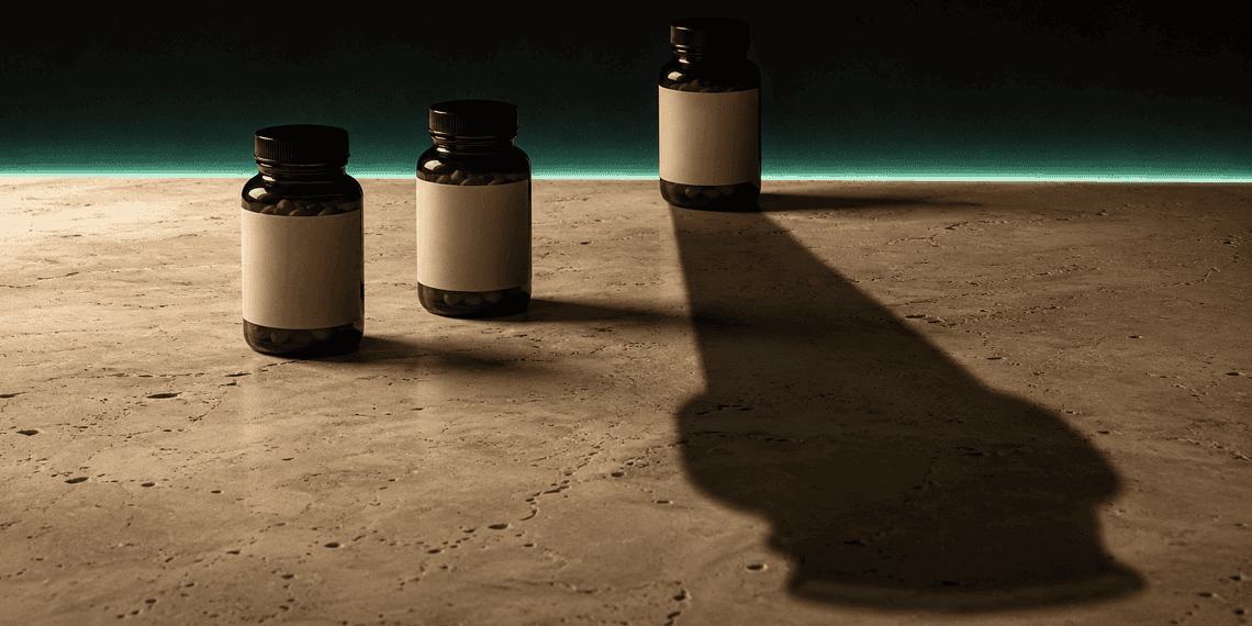 Three amber pill bottles with blank labels placed on a beige textured surface against a dark backdrop with a turquoise glow and a long shadow to the right.