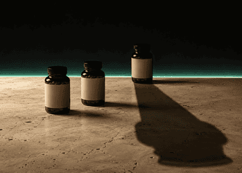 Three amber pill bottles with blank labels placed on a beige textured surface against a dark backdrop with a turquoise glow and a long shadow to the right.