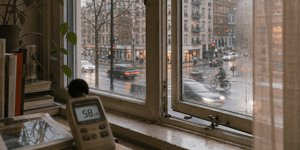 - VeyrZest.com Indoor windowsill with a plant and a decibel meter reading 58 dB, looking out at a rainy city street.