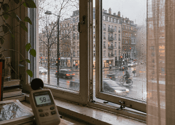 Indoor windowsill with a plant and a decibel meter reading 58 dB, looking out at a rainy city street.
