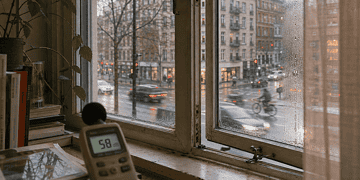 Indoor windowsill with a plant and a decibel meter reading 58 dB, looking out at a rainy city street.