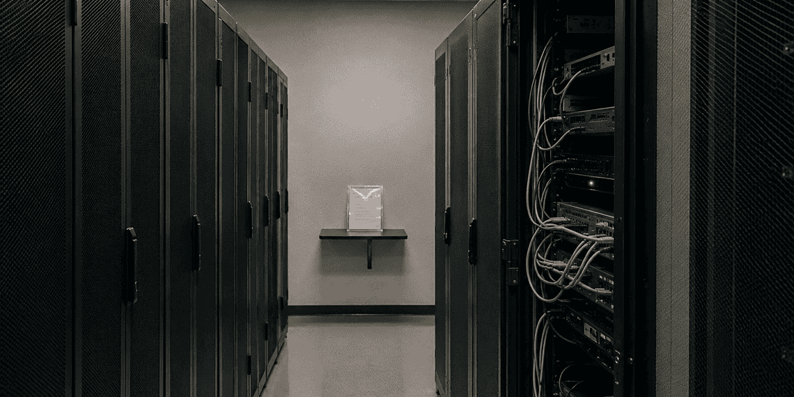 - VeyrZest.com Data center aisle with tall server racks on both sides; cables visible on the right side.