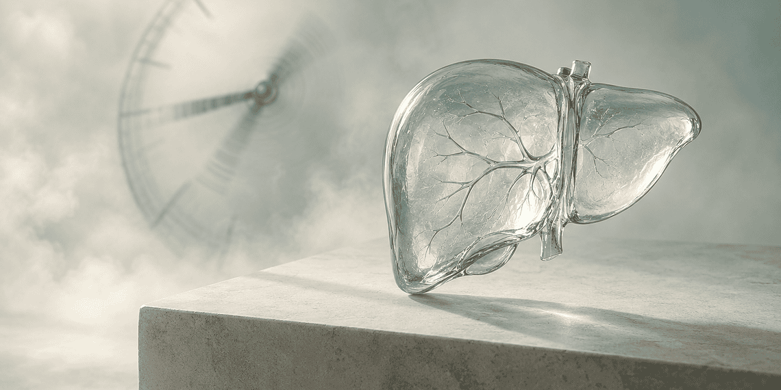Translucent glass liver on a stone pedestal with a blurred clock in a misty background, suggesting time and liver health.