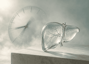 - VeyrZest.com Translucent glass liver on a stone pedestal with a blurred clock in a misty background, suggesting time and liver health.