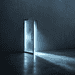 Open metal door emitting a cool blue glow into a dark, empty room.