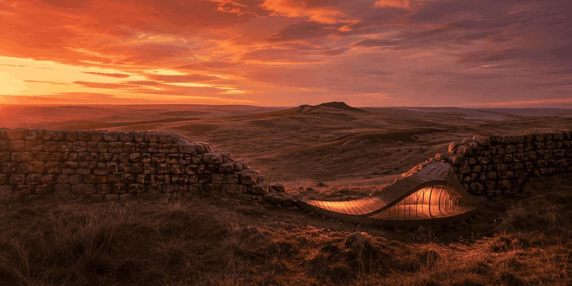 - VeyrZest.com Sunset over rolling moorland with a low stone wall and a curved glass structure glowing in the foreground.