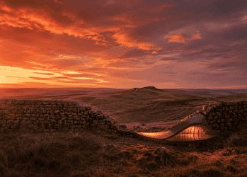 Sunset over rolling moorland with a low stone wall and a curved glass structure glowing in the foreground.