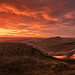 Sunset over rolling moorland with a low stone wall and a curved glass structure glowing in the foreground.