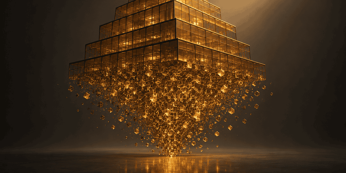 Golden glass pyramid glowing with warm orange light, breaking into floating gold cubes above a reflective surface.