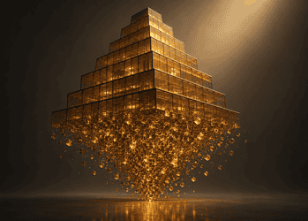 Golden glass pyramid glowing with warm orange light, breaking into floating gold cubes above a reflective surface.