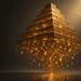 - VeyrZest.com Golden glass pyramid glowing with warm orange light, breaking into floating gold cubes above a reflective surface.