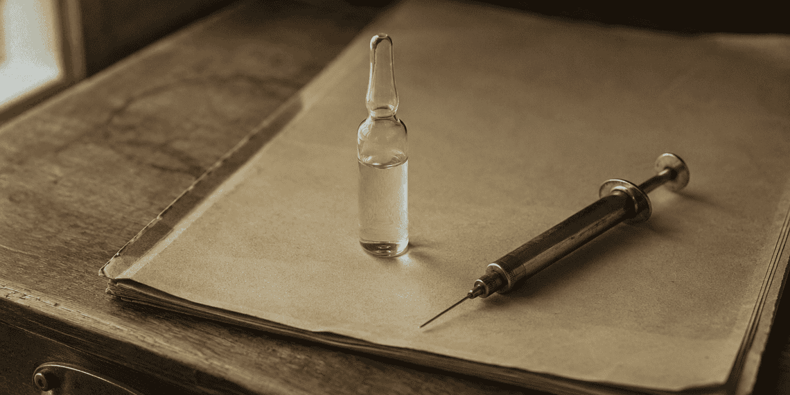 - VeyrZest.com Vintage syringe and a glass vial on a stack of brown paper on a wooden desk.