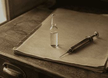 Vintage syringe and a glass vial on a stack of brown paper on a wooden desk.