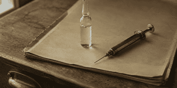 Vintage syringe and a glass vial on a stack of brown paper on a wooden desk.