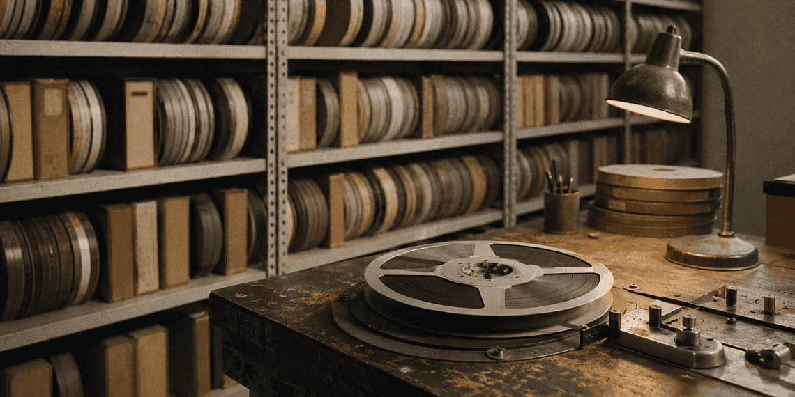 Film archive: shelves filled with film reels and boxes, plus an editing desk with a lamp.