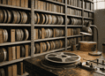 Film archive: shelves filled with film reels and boxes, plus an editing desk with a lamp.