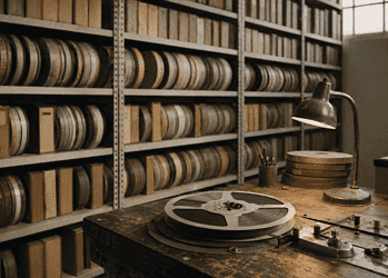 Film archive: shelves filled with film reels and boxes, plus an editing desk with a lamp.