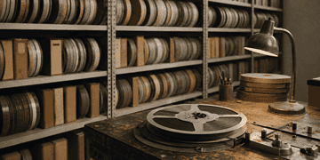 Film archive: shelves filled with film reels and boxes, plus an editing desk with a lamp.