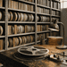 - VeyrZest.com Film archive: shelves filled with film reels and boxes, plus an editing desk with a lamp.