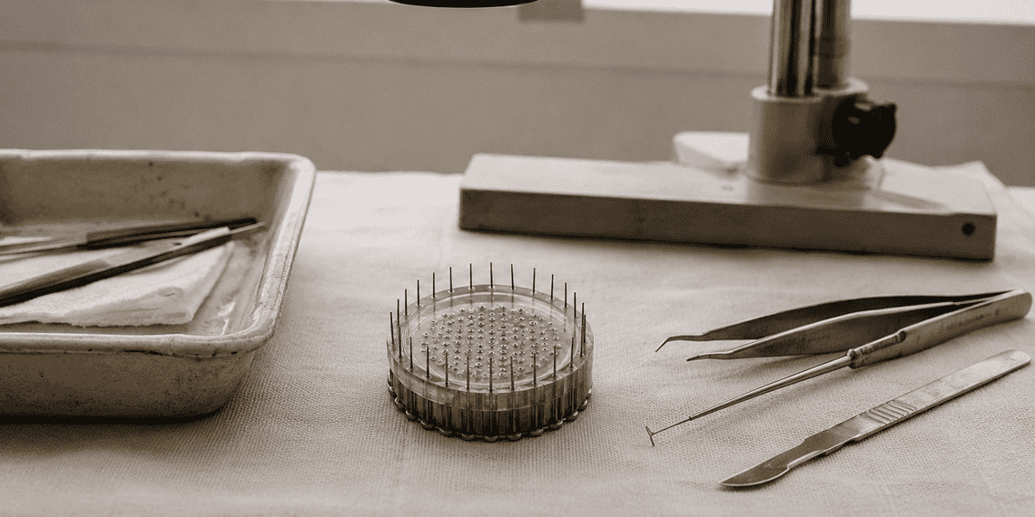 Close-up of a pin ring and precision tools on a lab bench beside a microscope in the background.